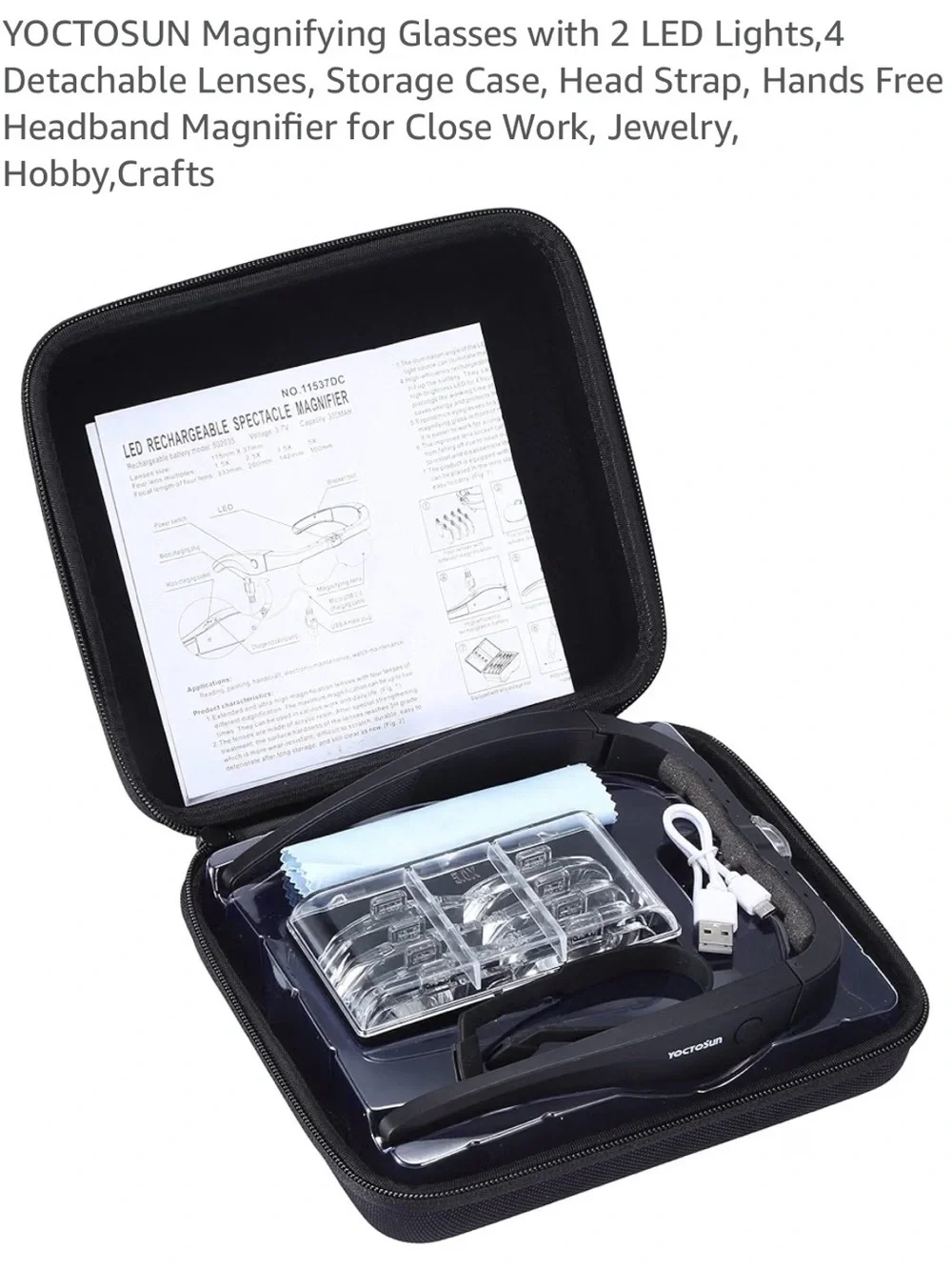 Black Hands-Free Headband Magnifier with LED Lights and 4 Detachable Lenses